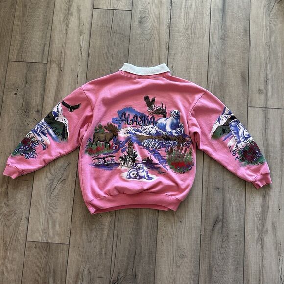 Vintage 90's Lifestyles Resort Alaska Collared Sweatshirt Mens Medium Wildlife - Picture 7 of 7